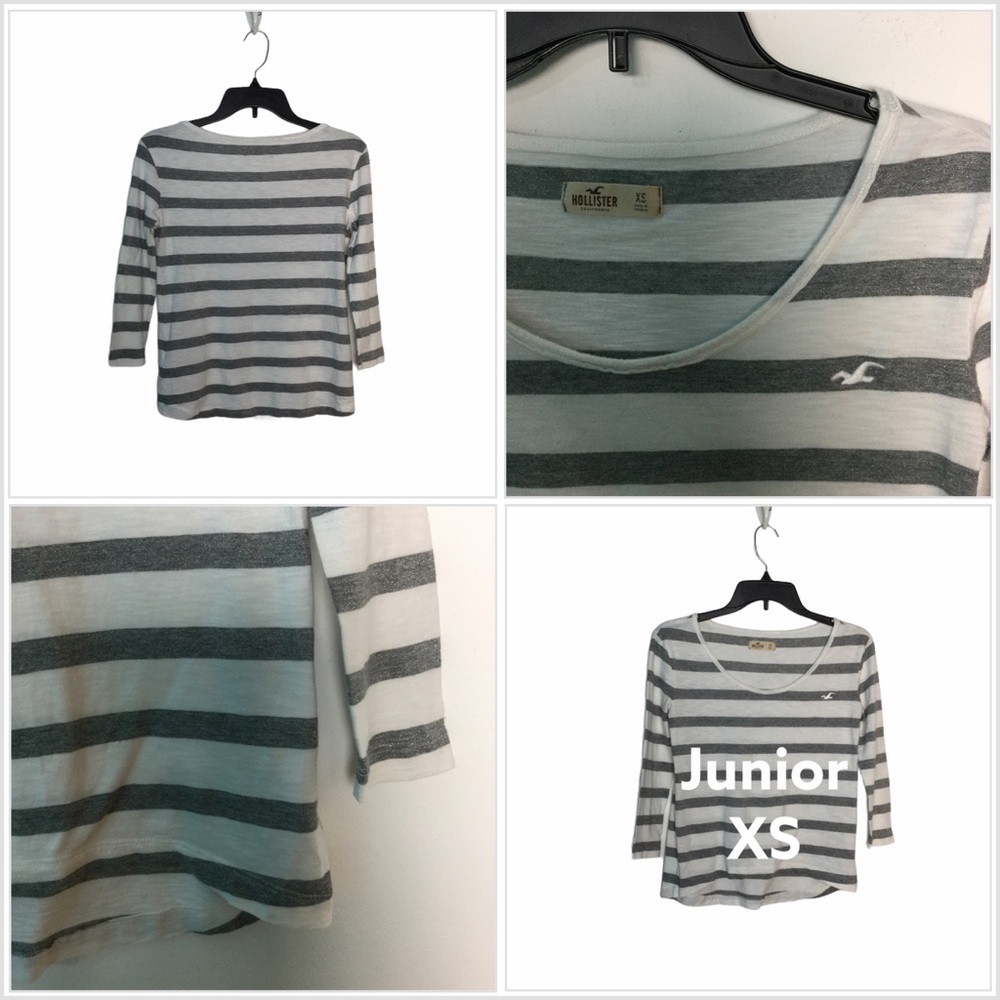 Junior’s Hollister XS 0 - 1 Shirt Top 3/4 Sleeve Stripe Gray White Crewneck NWOT